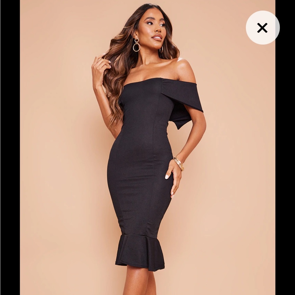 Prettylittlething black Bardot frill hem midi dress uk 6 us 2